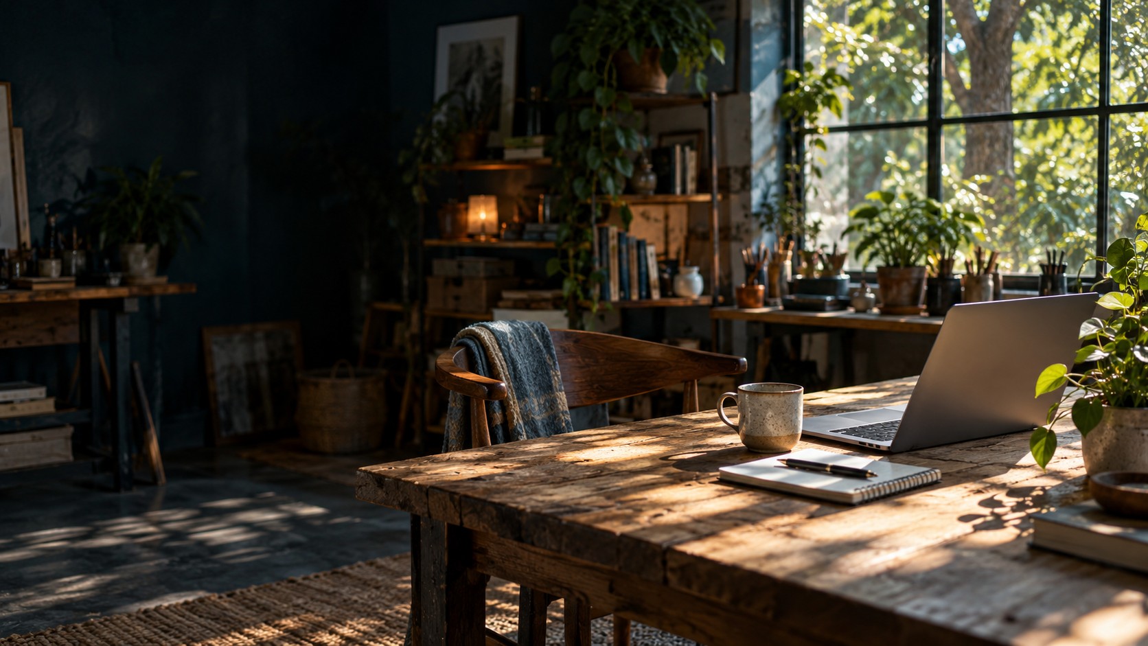 Sunlit workspace with a laptop, notebook, coffee and plants